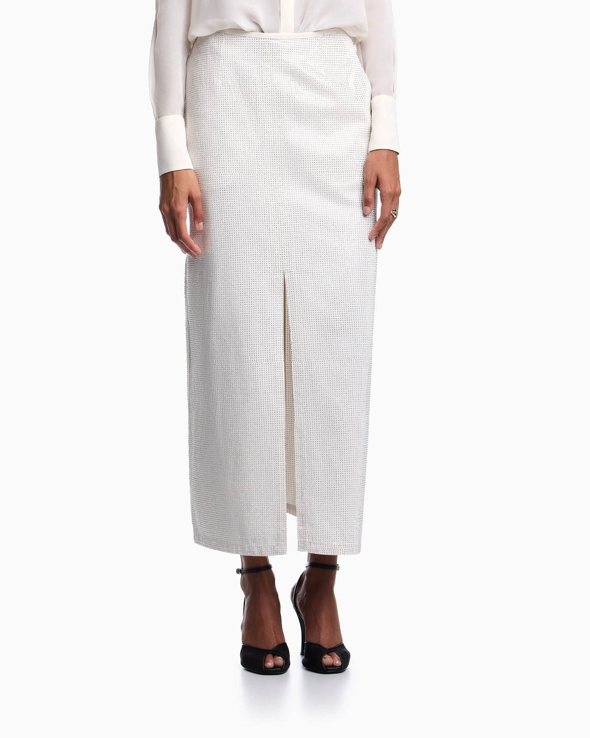 Long drill skirt with all-over micro studs