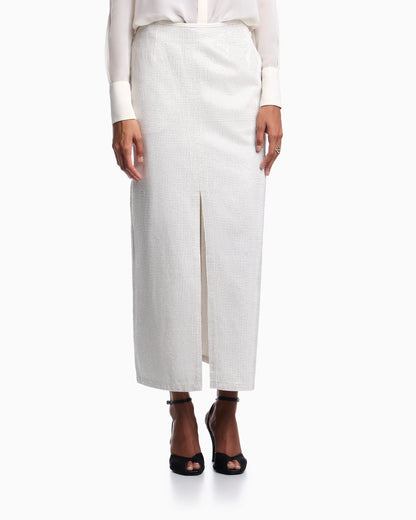 Long drill skirt with all-over micro studs