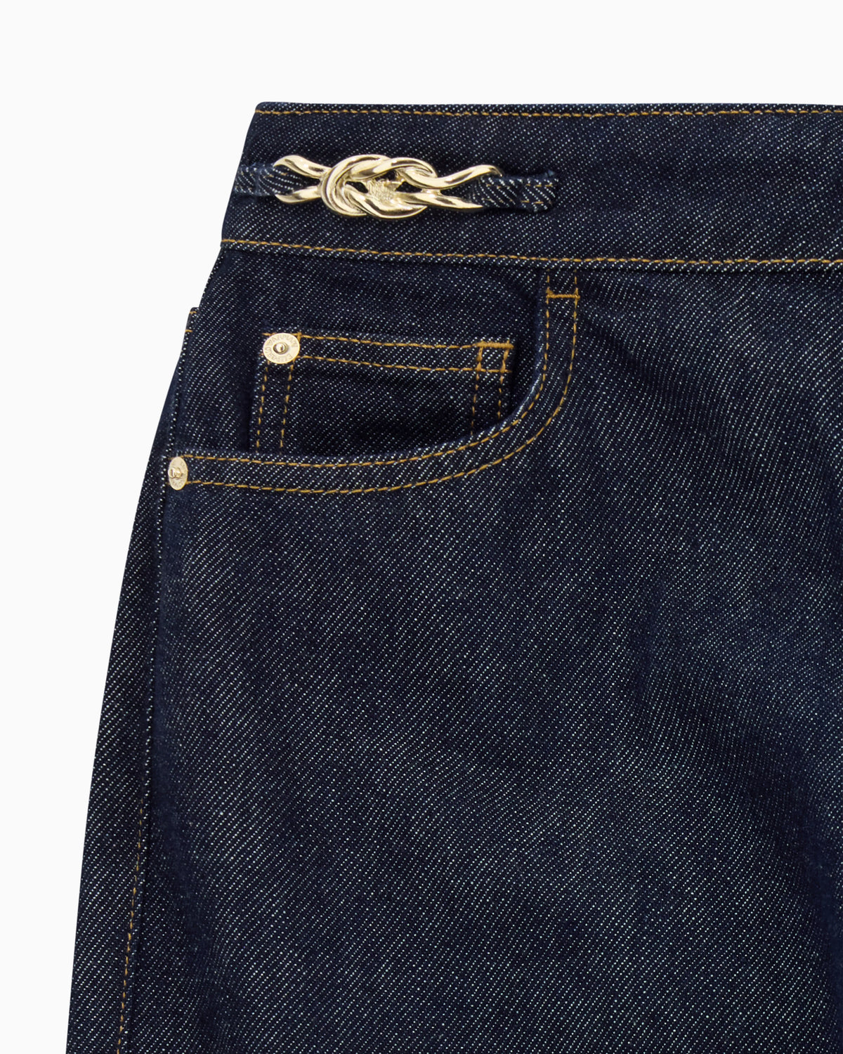 Five-pocket denim jeans with a metal knot on the waistband