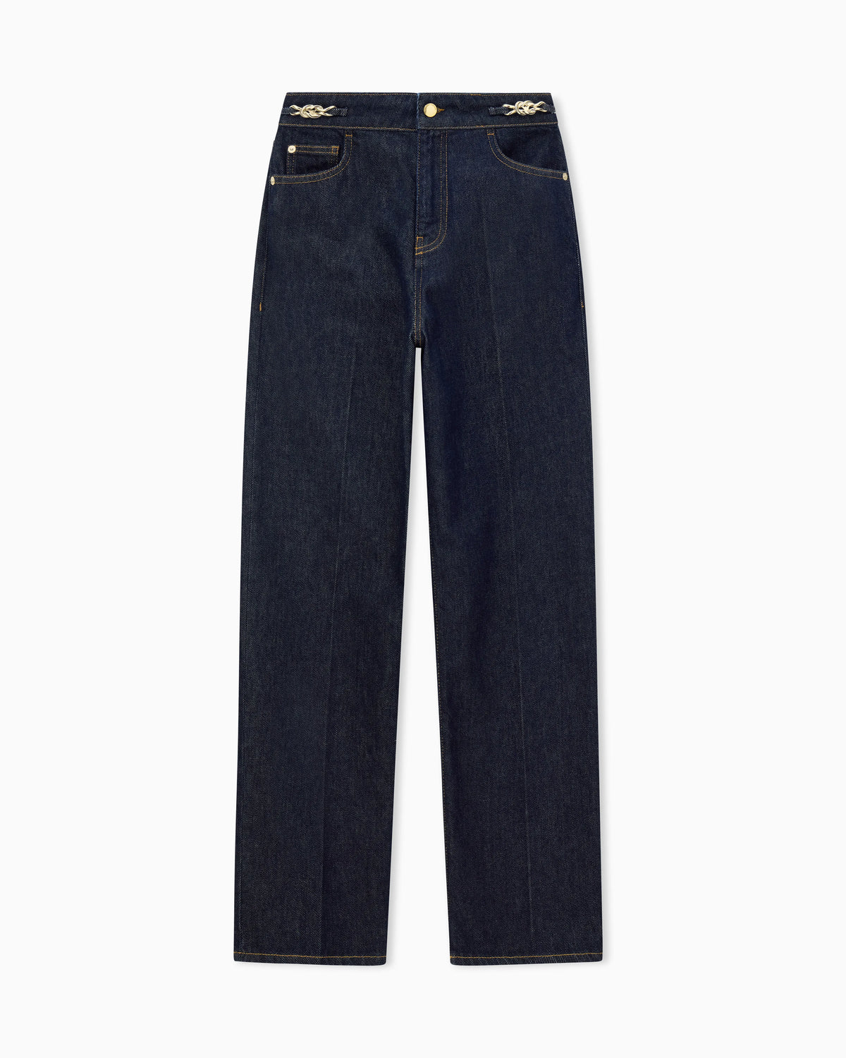 Five-pocket denim jeans with a metal knot on the waistband