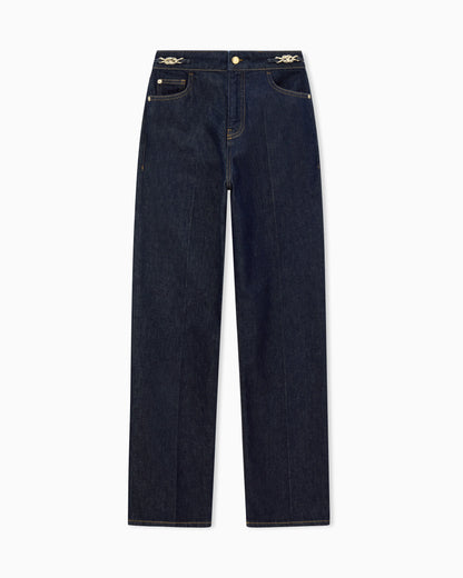 Five-pocket denim jeans with a metal knot on the waistband