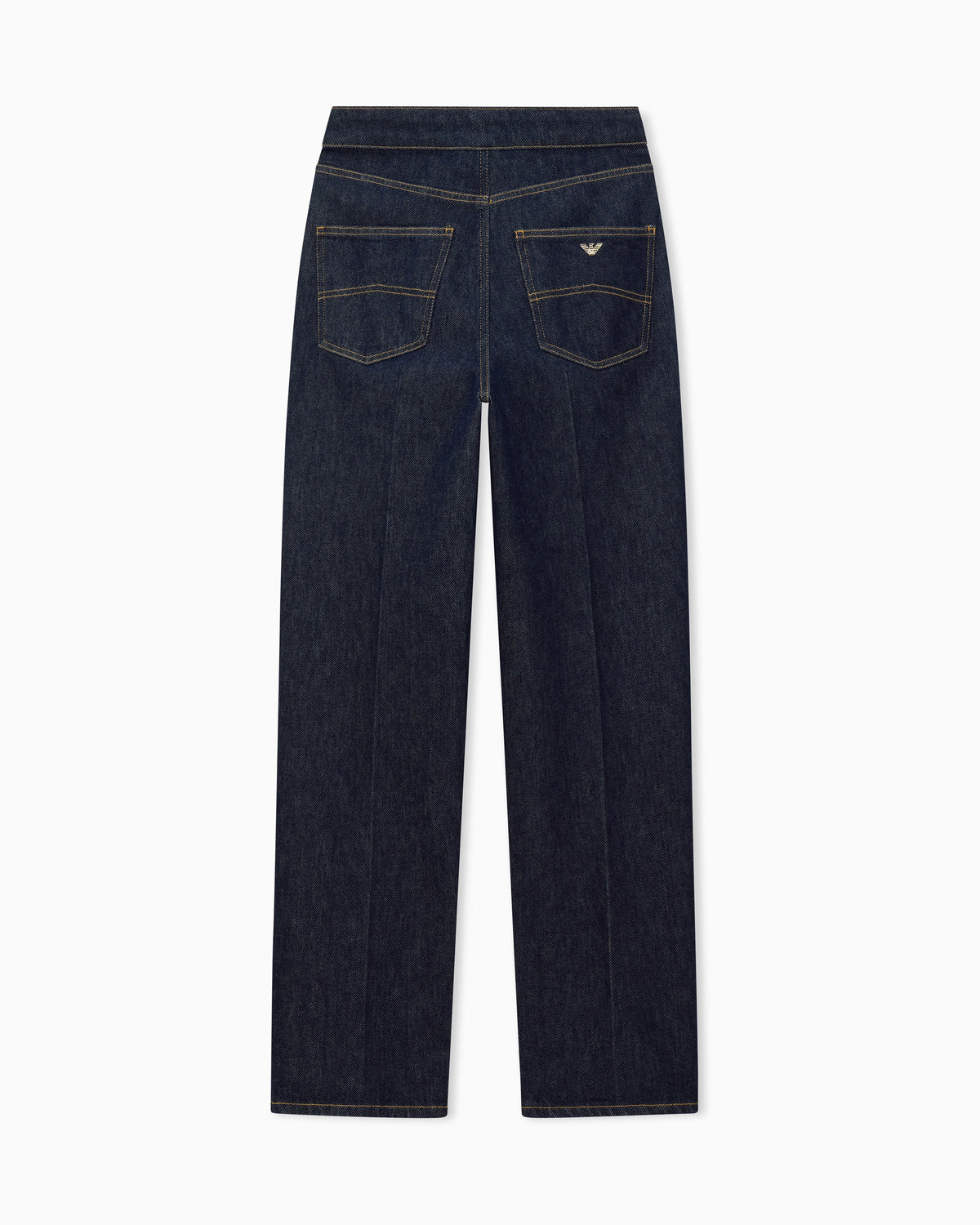 Five-pocket denim jeans with a metal knot on the waistband