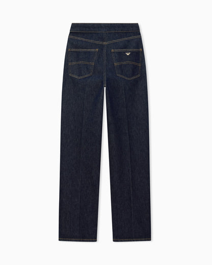 Five-pocket denim jeans with a metal knot on the waistband