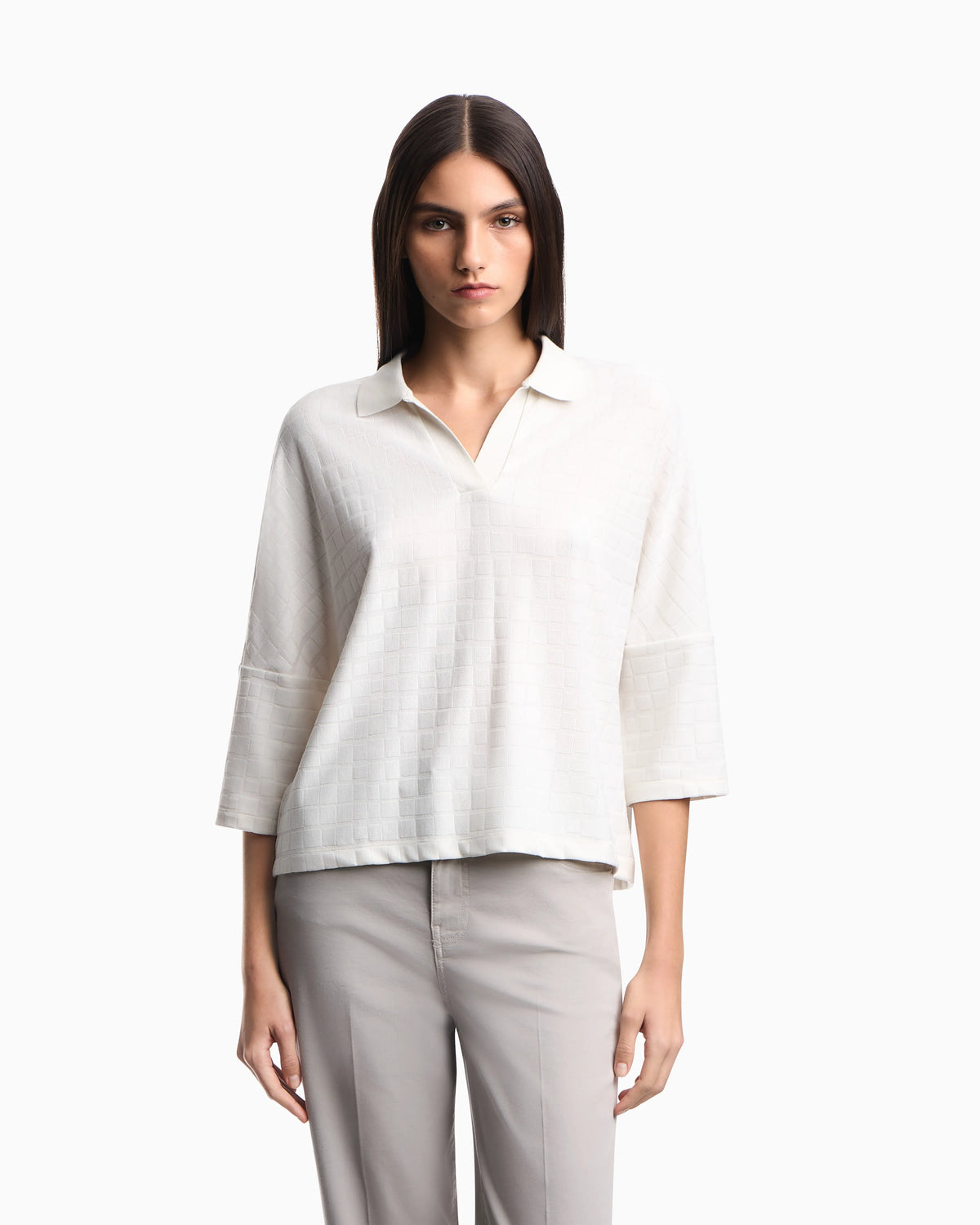Jacquard jersey jumper with polo collar and check pattern