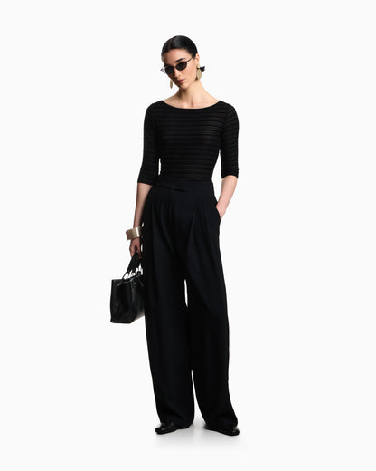 Jumper with three-quarter length sleeves in striped jacquard jersey with a pattern