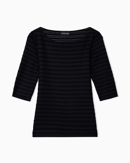 Jumper with three-quarter length sleeves in striped jacquard jersey with a pattern