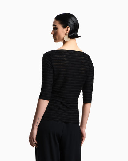 Jumper with three-quarter length sleeves in striped jacquard jersey with a pattern