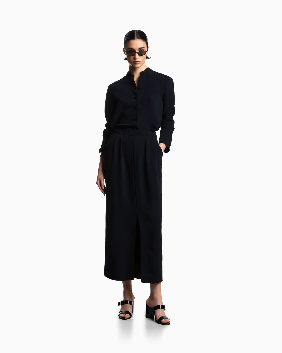Icon washed cady crêpe pleated long skirt