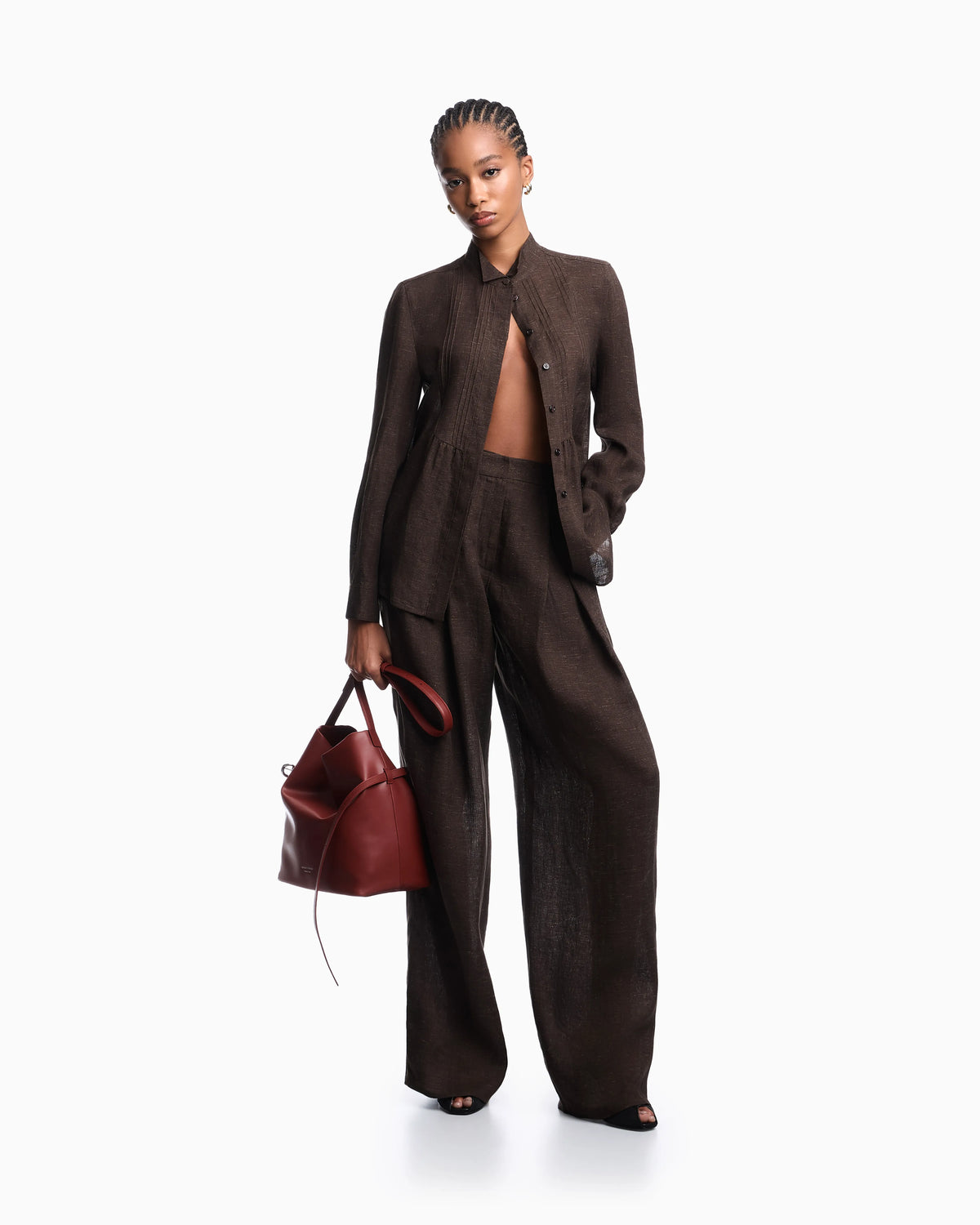 Icon linen chambray trousers with godet pleats