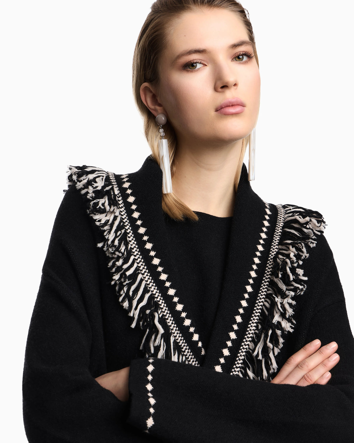 Oversized cardigan with fringed edges and jacquard motif