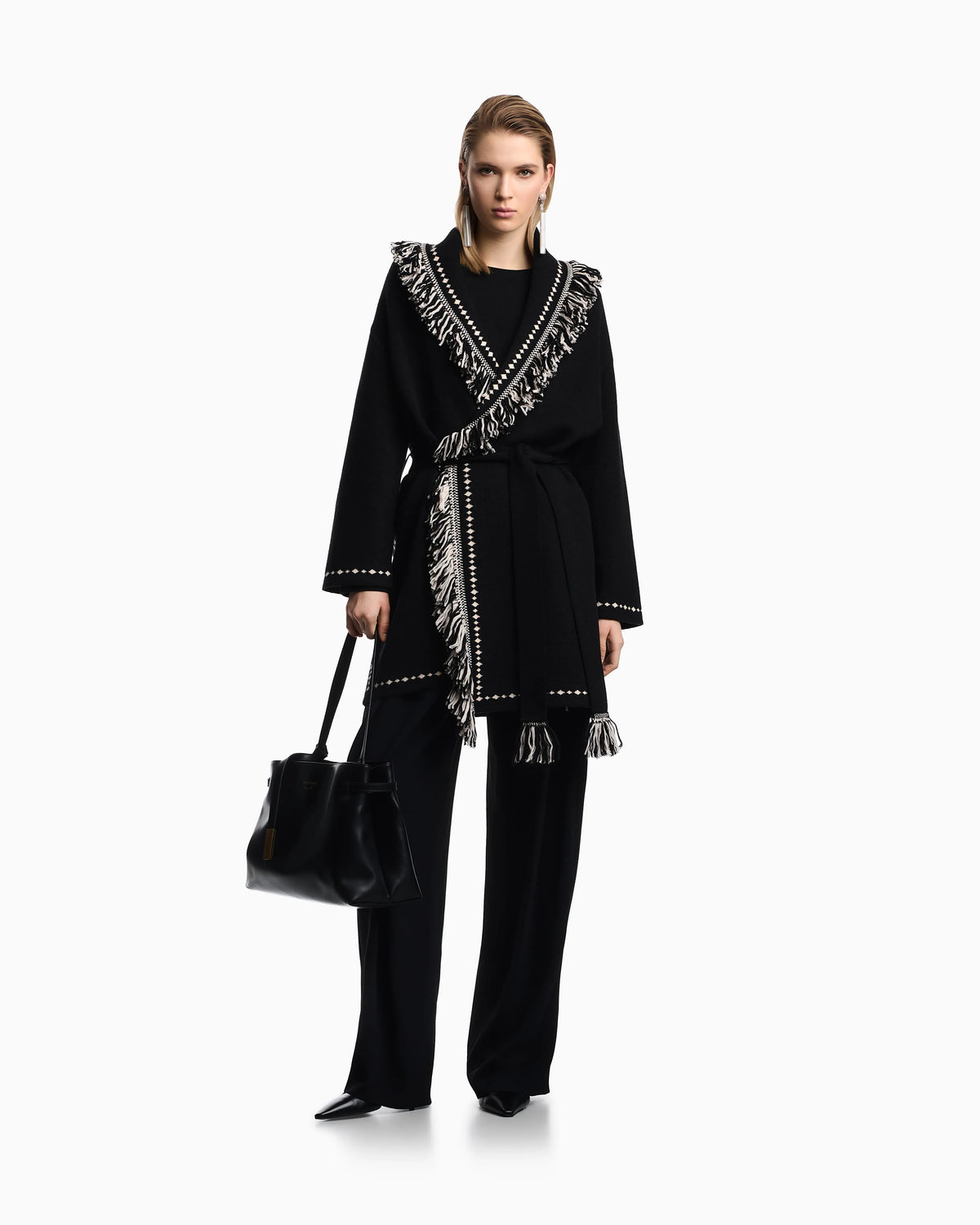 Oversized cardigan with fringed edges and jacquard motif