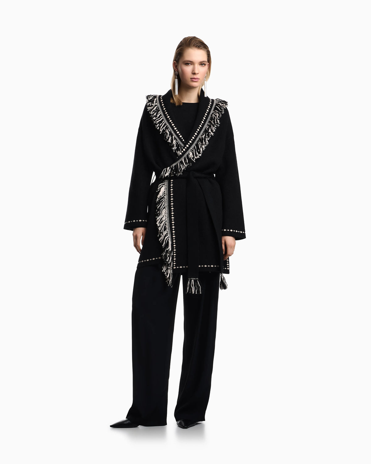 Oversized cardigan with fringed edges and jacquard motif