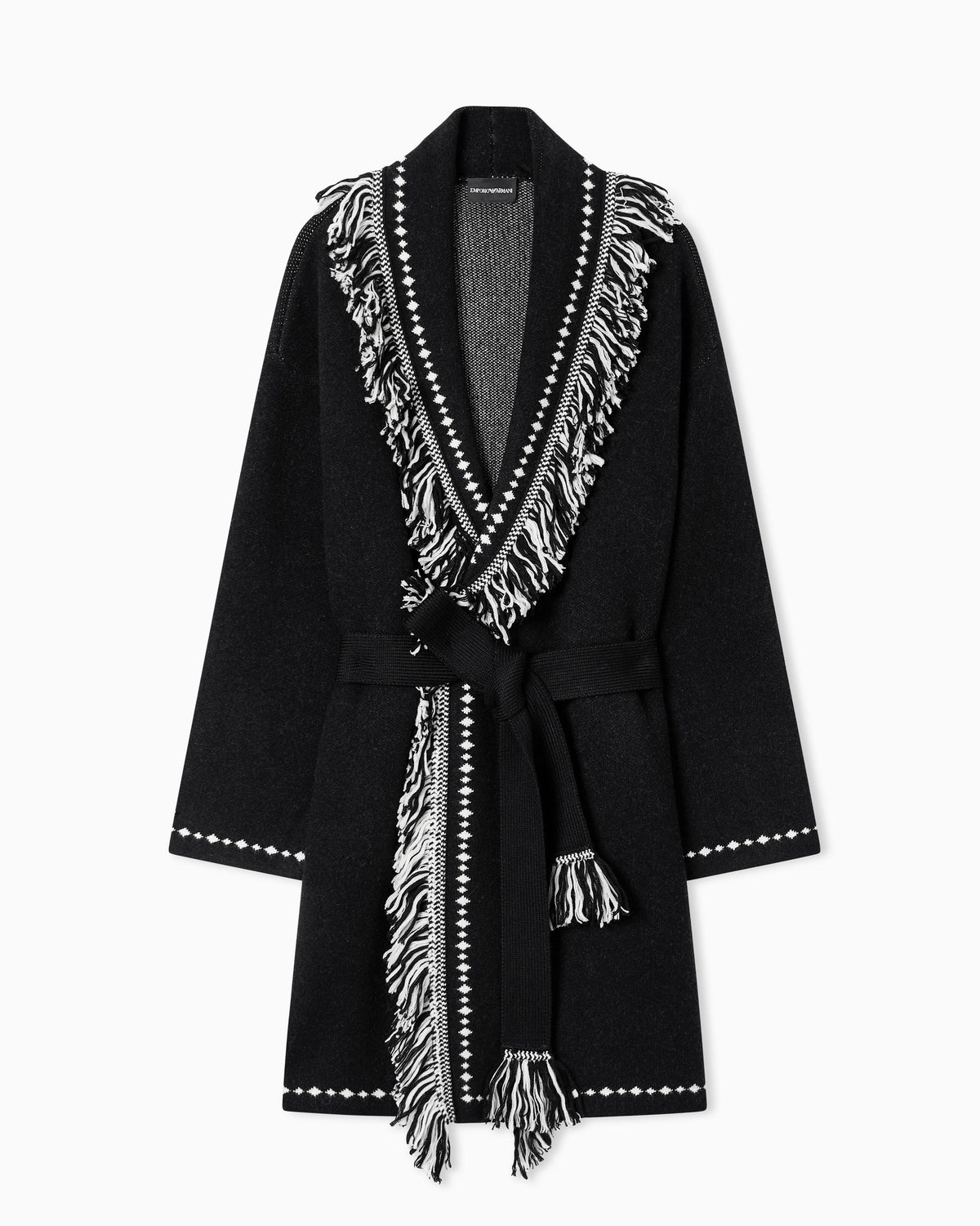Oversized cardigan with fringed edges and jacquard motif