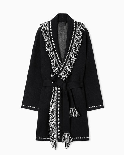 Oversized cardigan with fringed edges and jacquard motif