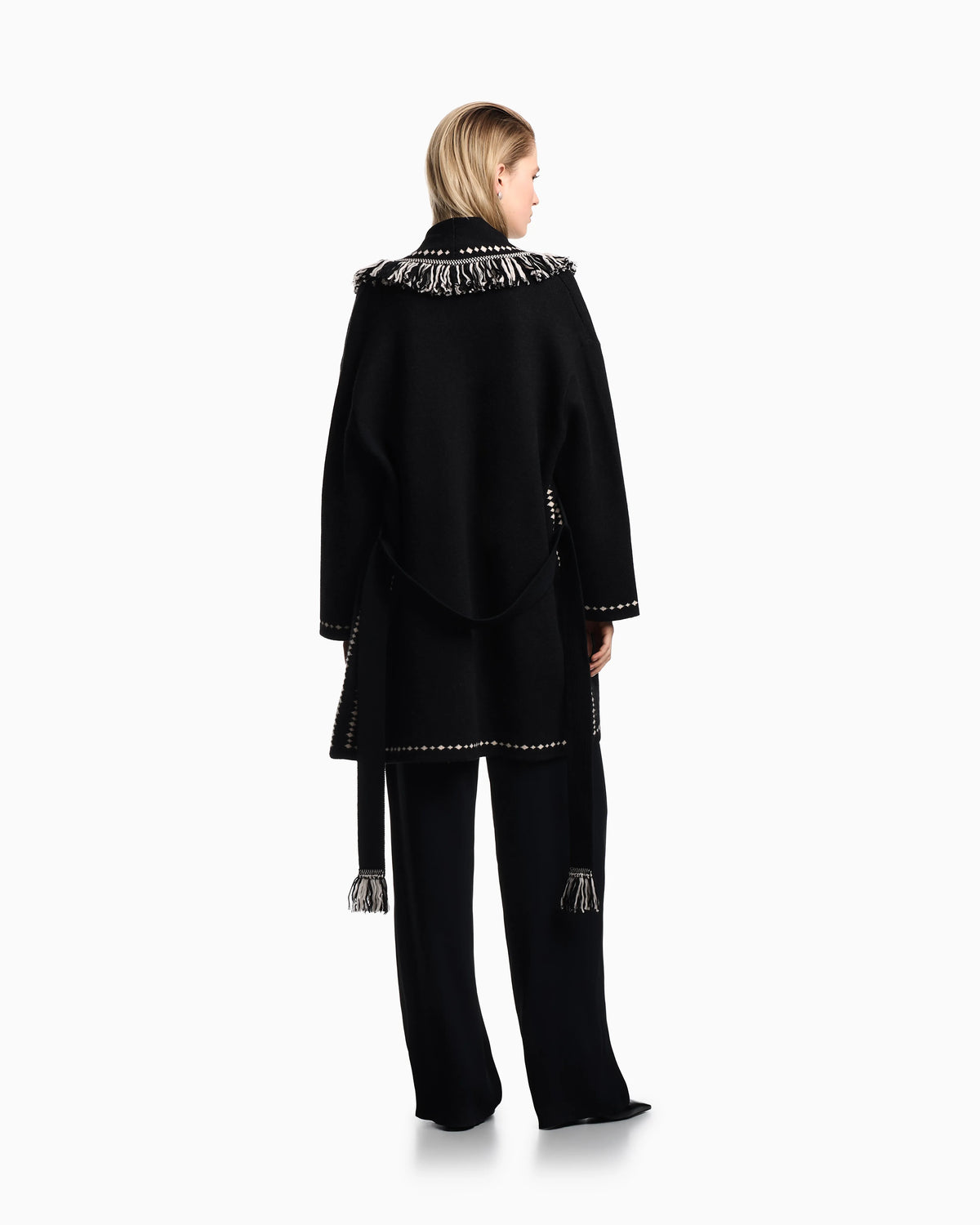 Oversized cardigan with fringed edges and jacquard motif