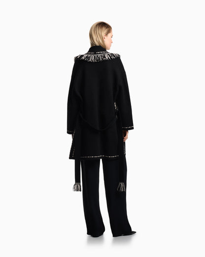 Oversized cardigan with fringed edges and jacquard motif