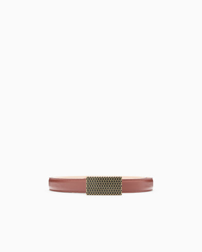 Smooth leather belt with 3D patterned plate
