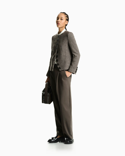 Collarless virgin wool blazer with diagonal tricot effect