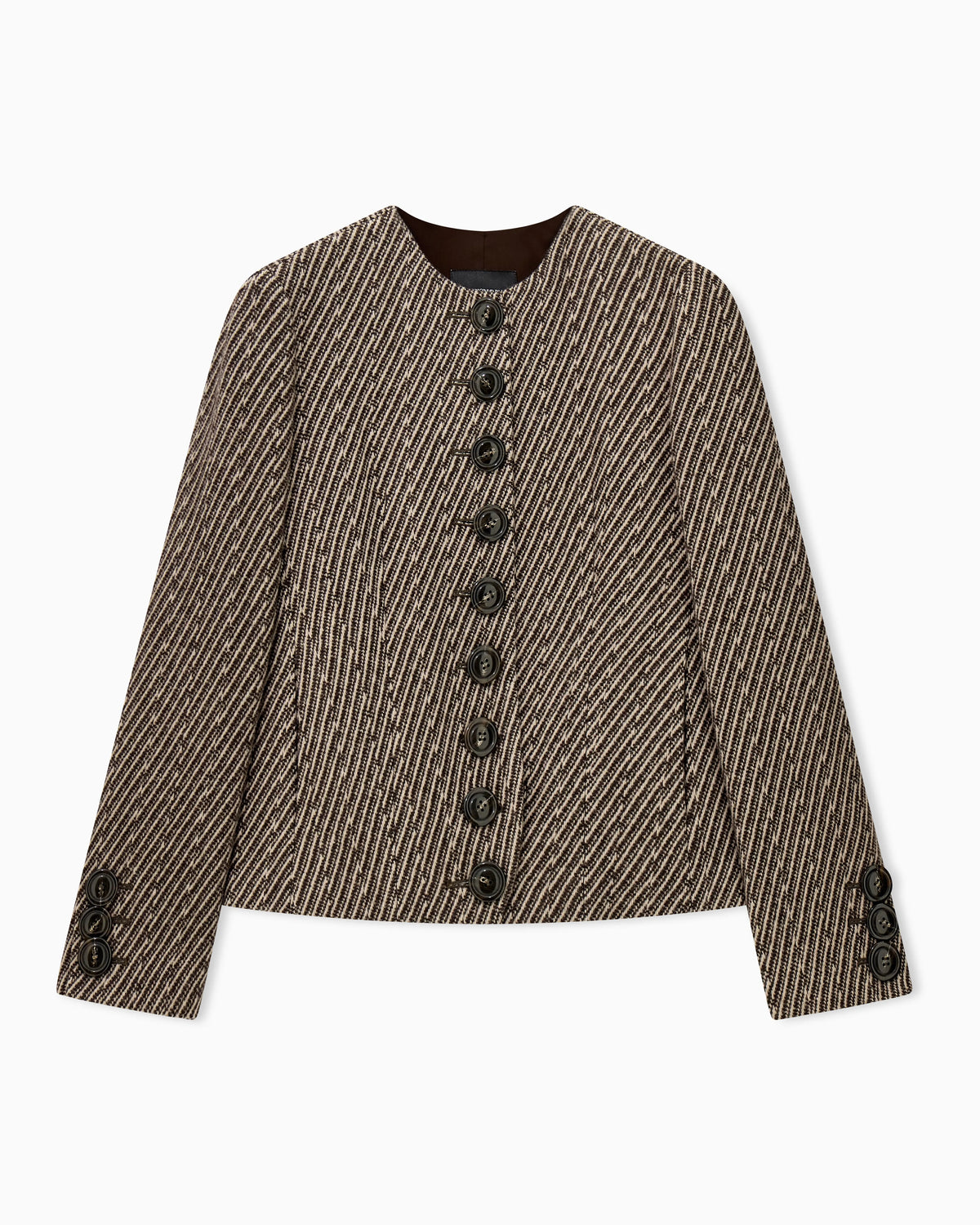Collarless virgin wool blazer with diagonal tricot effect