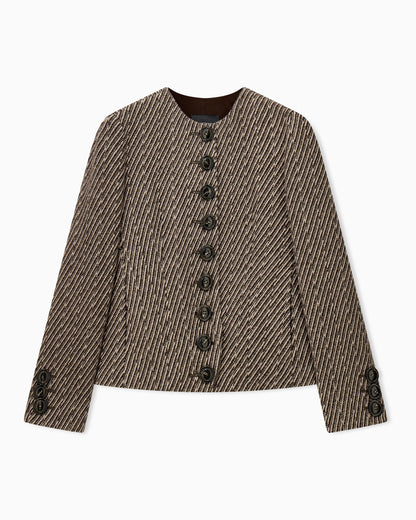 Collarless virgin wool blazer with diagonal tricot effect