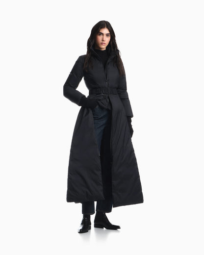 Long light nylon down jacket with a high collar