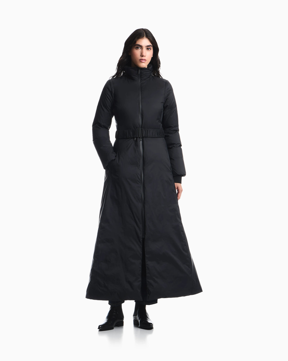 Long light nylon down jacket with a high collar