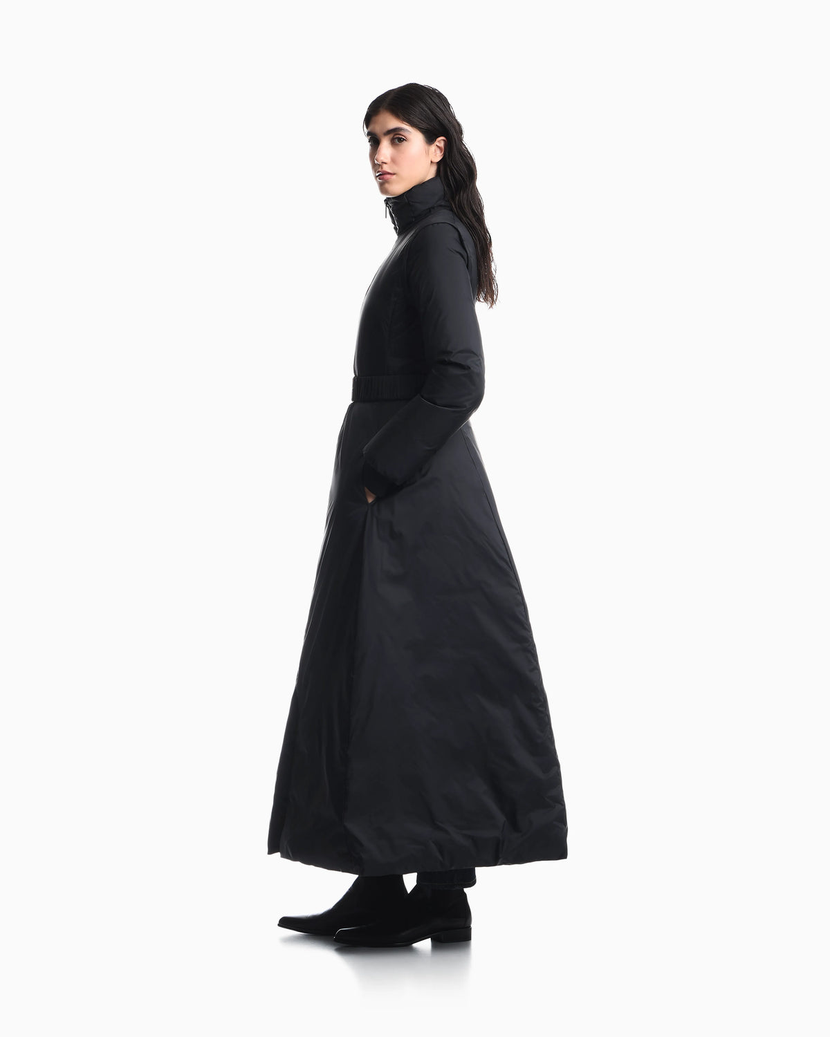 Long light nylon down jacket with a high collar