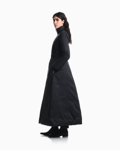 Long light nylon down jacket with a high collar