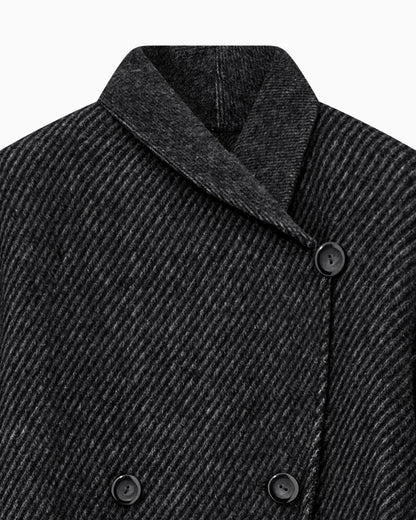 Belted double-breasted coat in virgin wool double jacquard