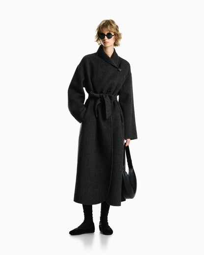 Belted double-breasted coat in virgin wool double jacquard