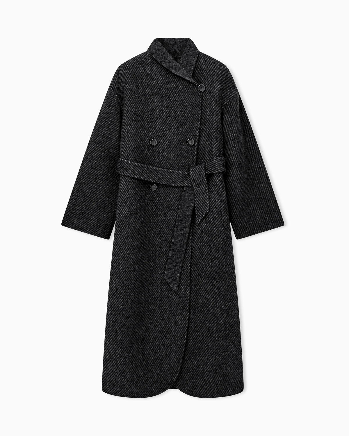 Belted double-breasted coat in virgin wool double jacquard