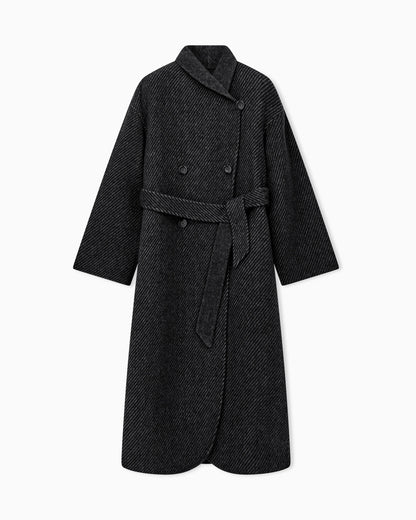 Belted double-breasted coat in virgin wool double jacquard