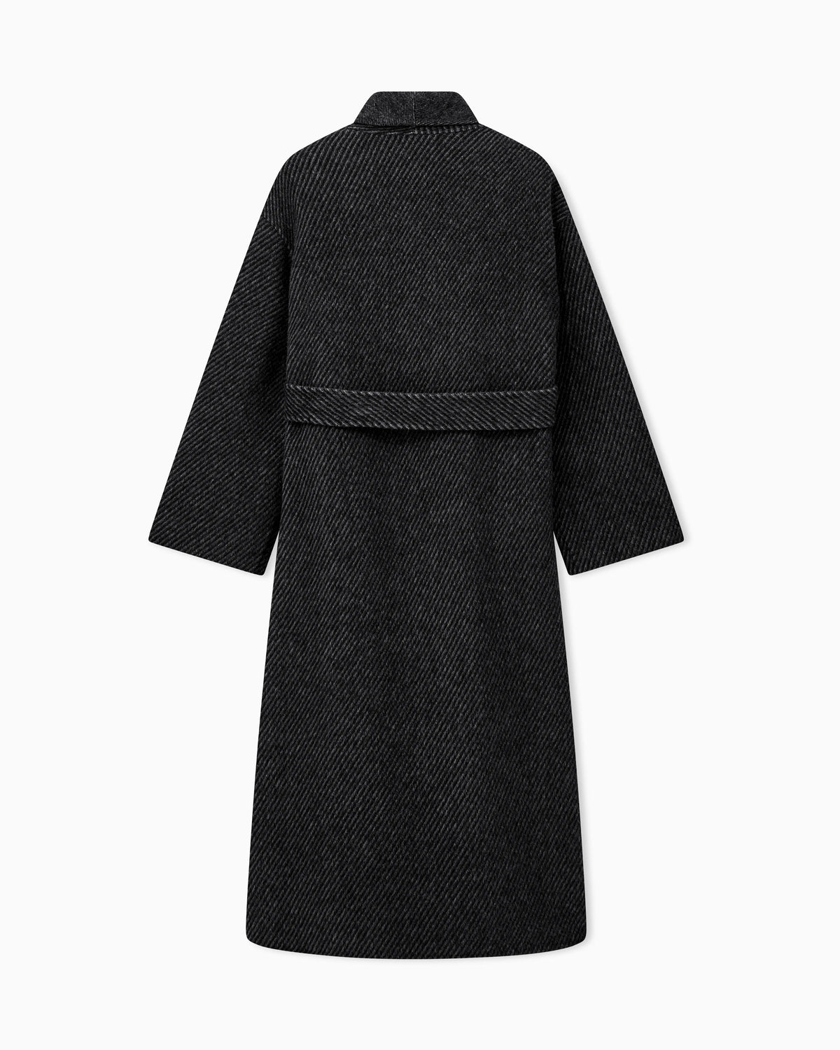 Belted double-breasted coat in virgin wool double jacquard