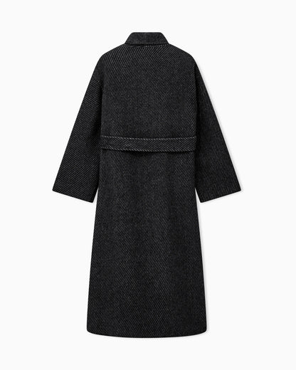 Belted double-breasted coat in virgin wool double jacquard