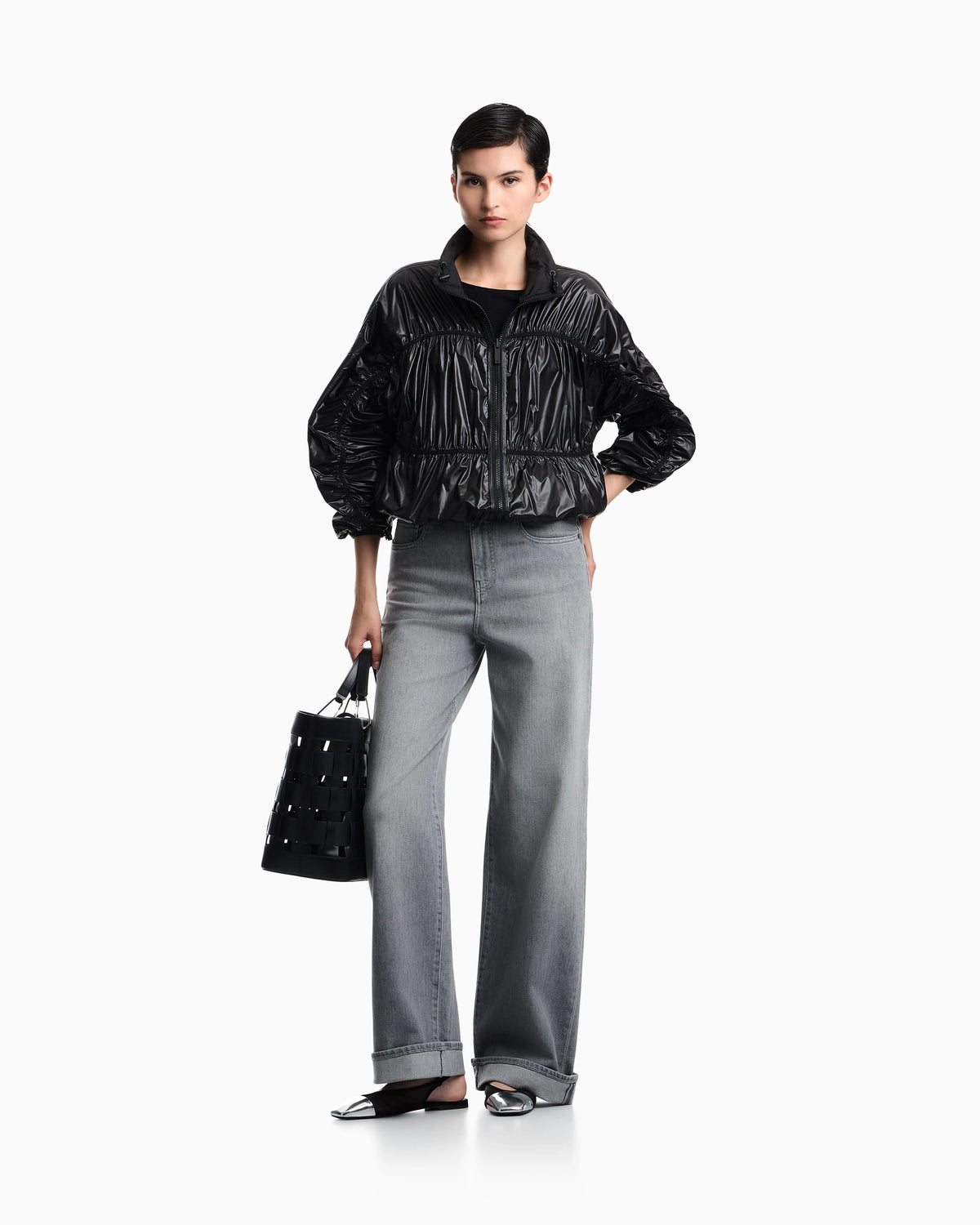 Reversible blouson jacket with matte and shiny finishes