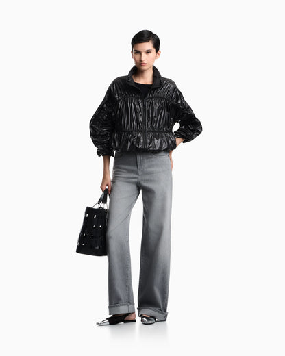 Reversible blouson jacket with matte and shiny finishes