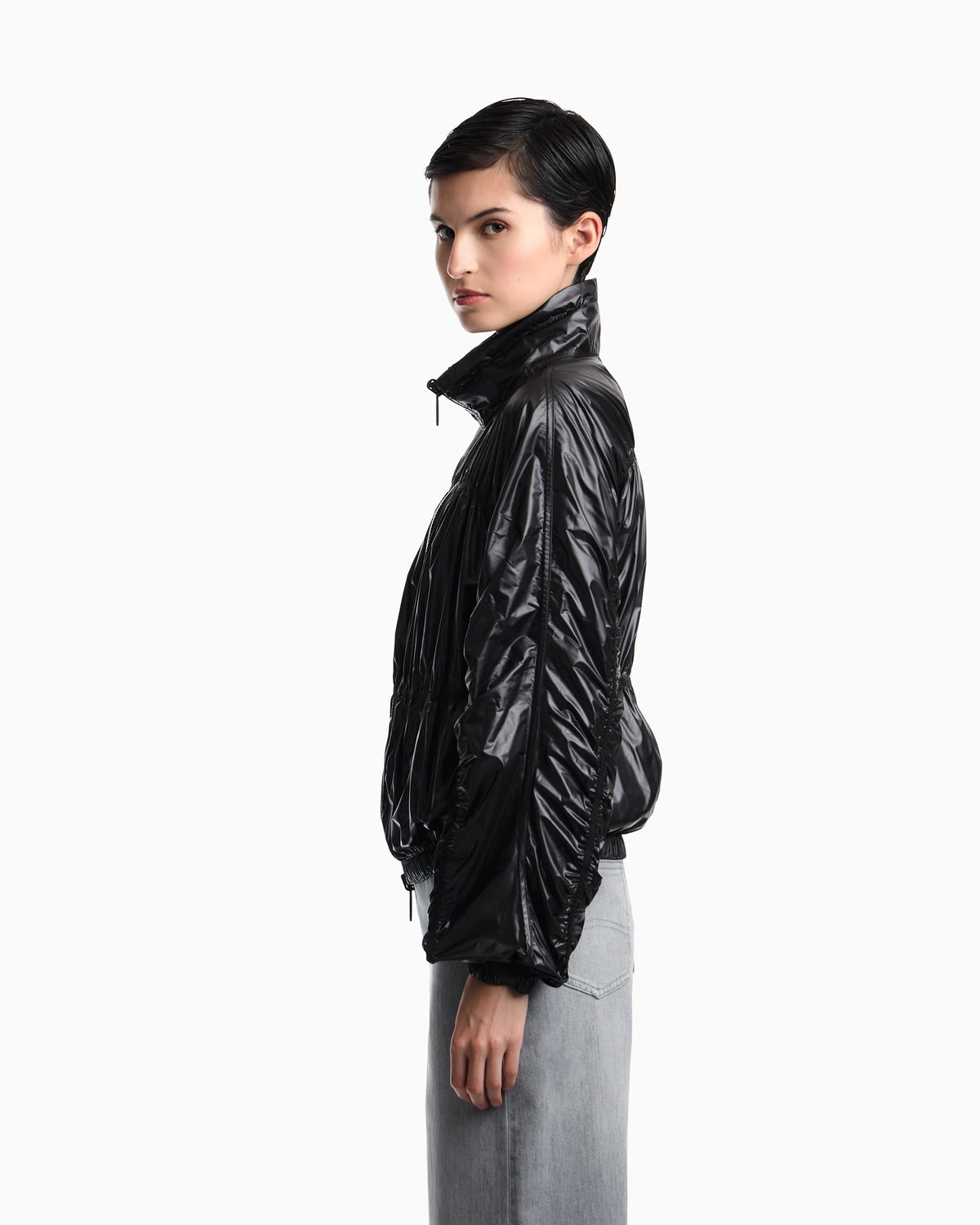 Reversible blouson jacket with matte and shiny finishes