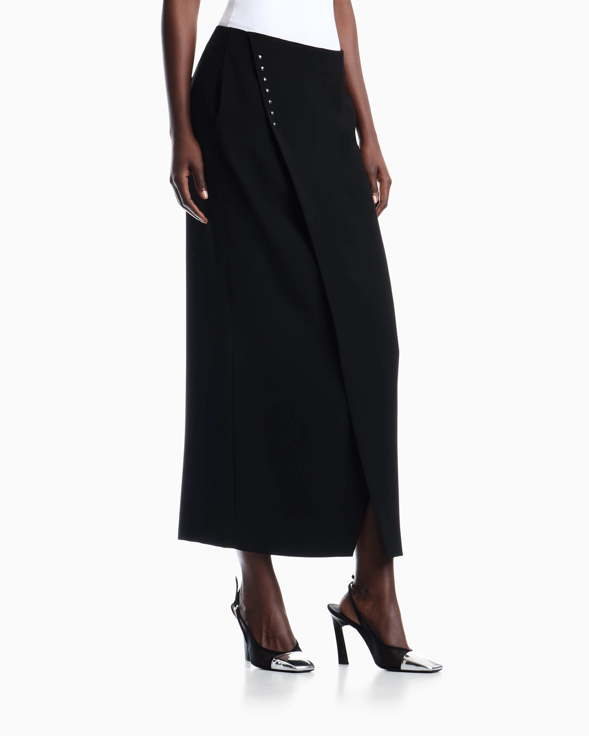 Unlined wrap skirt in techno cady with metallic buttons