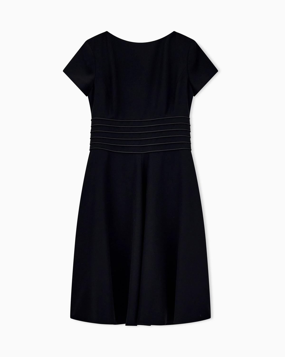 Dress in techno cady with a pleated waist and short sleeves