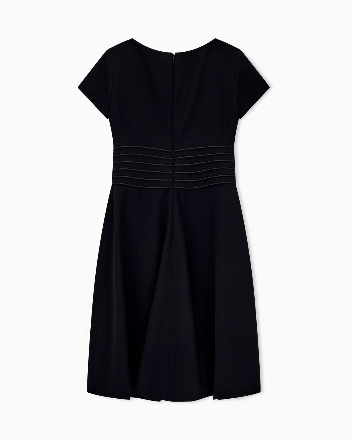 Dress in techno cady with a pleated waist and short sleeves