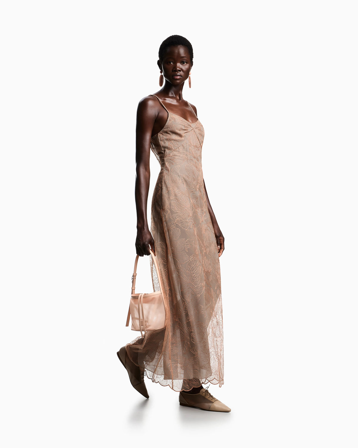 Long dress in embroidered tulle with embossed lurex flower pattern