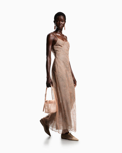 Long dress in embroidered tulle with embossed lurex flower pattern