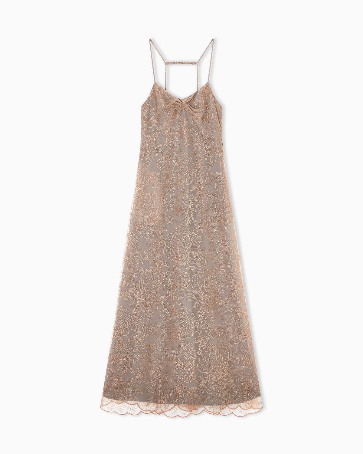 Long dress in embroidered tulle with embossed lurex flower pattern