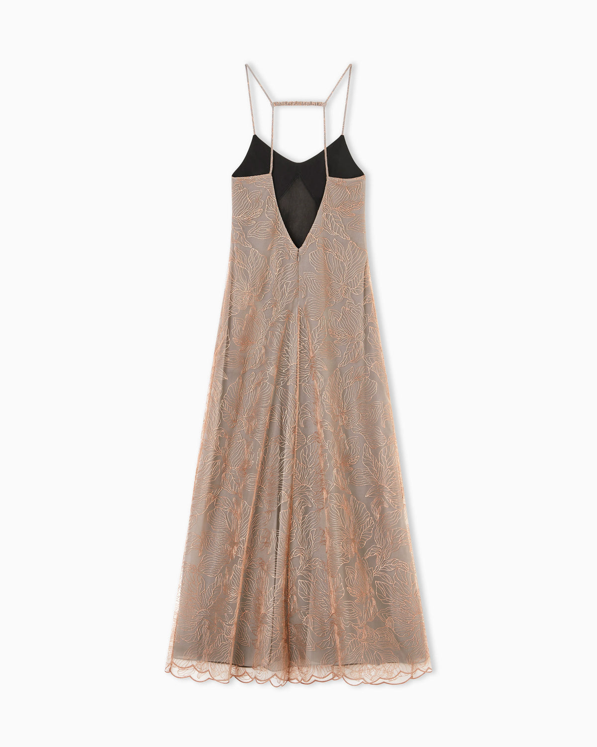 Long dress in embroidered tulle with embossed lurex flower pattern