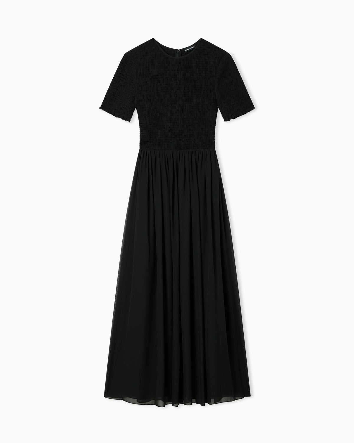 Short-sleeved long dress in technical georgette
