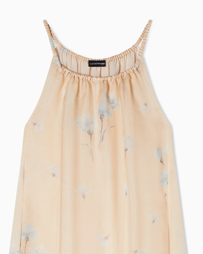Long dress in silk organza with floral foulard print