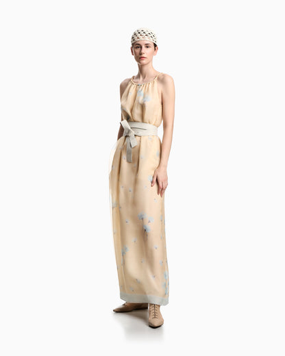 Long dress in silk organza with floral foulard print
