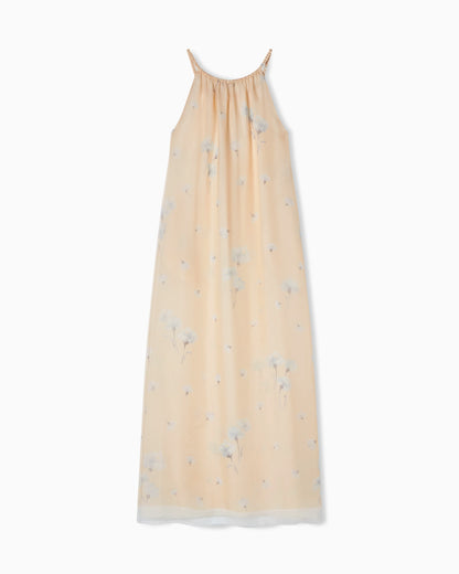 Long dress in silk organza with floral foulard print