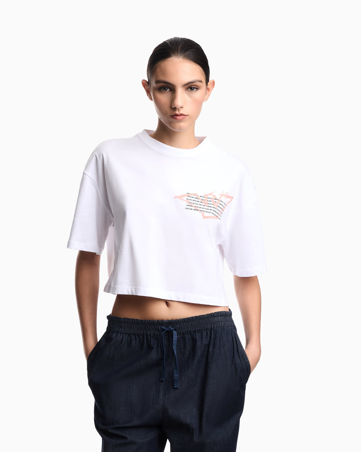 Cropped jersey T-shirt with eagle print