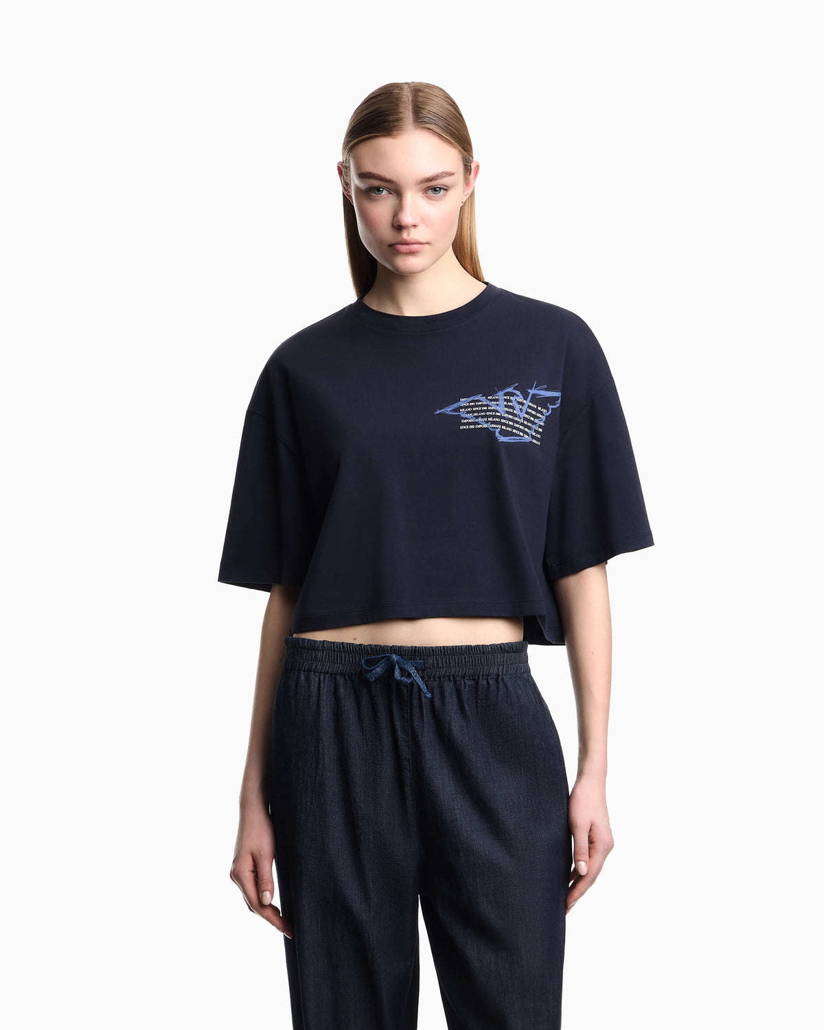 Cropped jersey T-shirt with eagle print